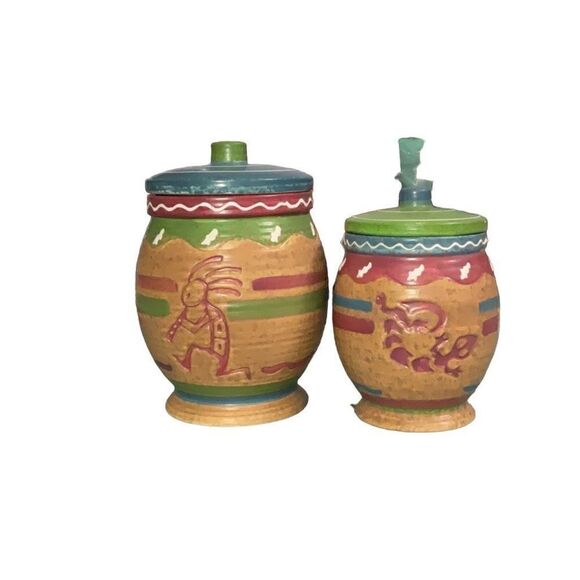 Southwestern Pottery Jars Small Canisters Kokopelli Lizards Set of 2 - Picture 3 of 7